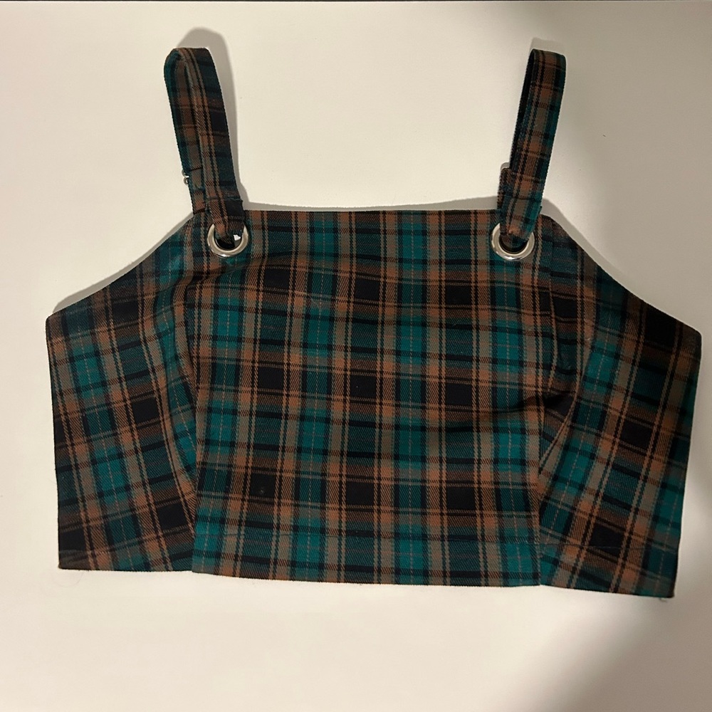 Green & brown plaid crop top